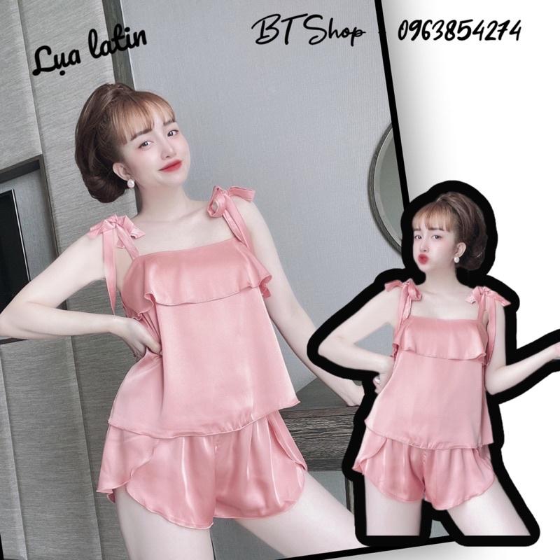 Đồ ngủ mặc nhà lụa latin trơn cột nơ quần đùi freesize 42-57kg