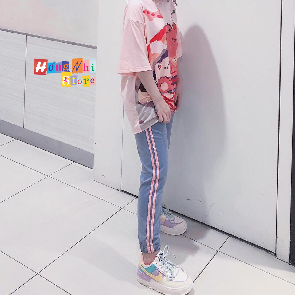 Quần Jogger Line Unisex Lưng Thun 2 Sọc Bo Lai Dáng Rộng Màu Xám Sọc Hồng - MM