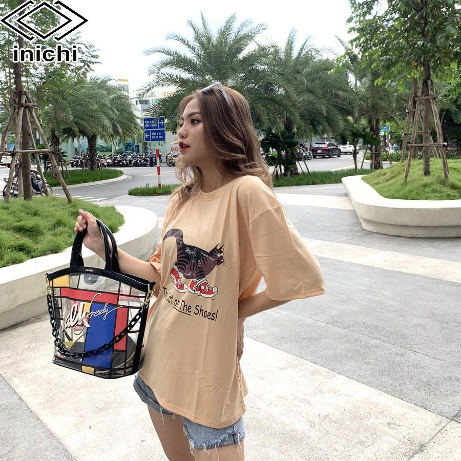Áo thun unisex tay lỡ form rộng phong cách trẻ áo INICHI in hình chú mèo ngố mang giày - A651 màu trắng