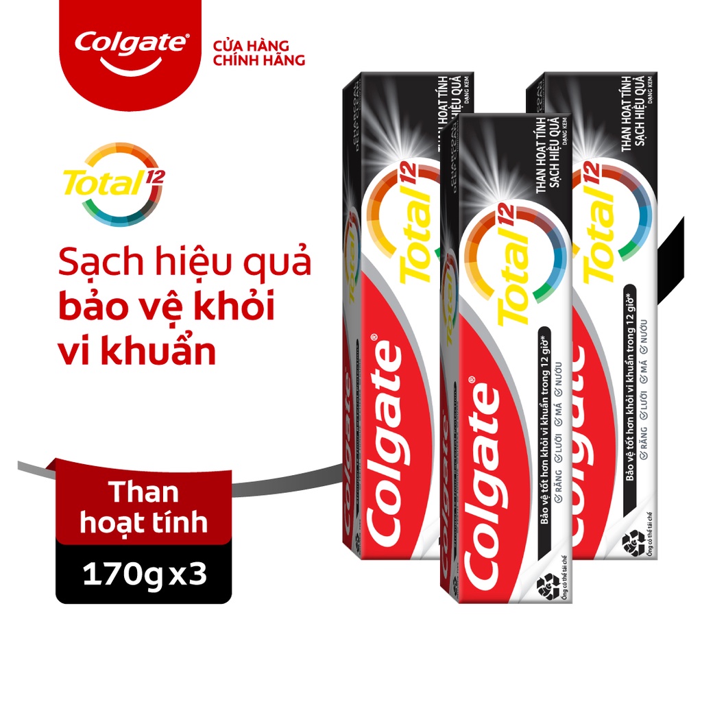 Bộ 3 Kem đánh răng Colgate giảm chảy máu nướu Total than hoạt tính bảo vệ toàn diện 170g/tuýp