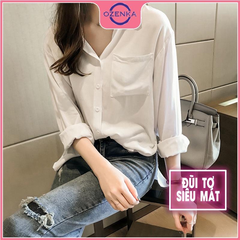 Áo sơ mi đũi trắng nữ , áo tay dài phom rộng đuôi tôm màu trắng free size mặc chống nắng đi học đi chơi