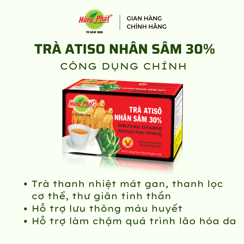 Trà Atisô Nhân Sâm Hỗ Trợ Tăng Cường Sức Khỏe Thanh Lọc Cơ Thể Hộp 25 Gói - Thương hiệu Hùng Phát