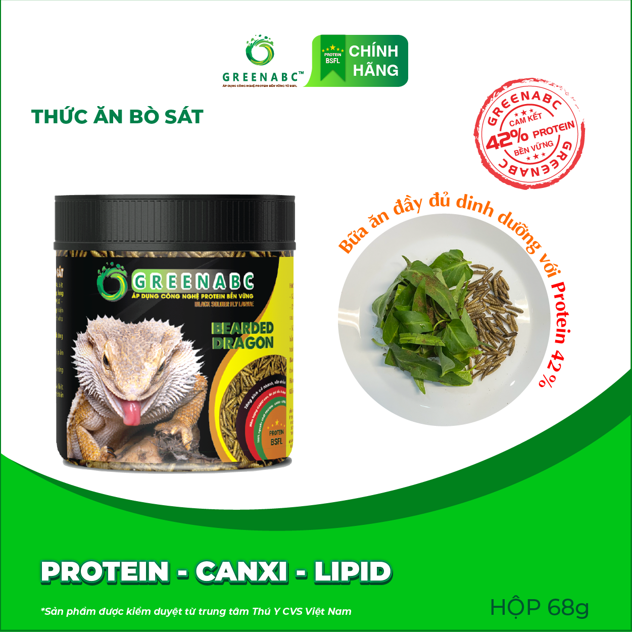 Thức ăn bò sát Rồng Úc GREENABC - Bearded Dragon – Hàm lượng protein 44.9% giúp tăng trưởng nhanh, lên màu đẹp, phát triển toàn diện – Hộp 68g