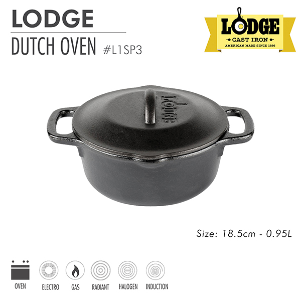 [Chính hãng LOGDE - MỸ] Nồi gang Lodge 18.5cm - L1SP3 - dung tích 0.95 lít. Dùng kho cá, nướng gà, nướng bánh, cơm, canh