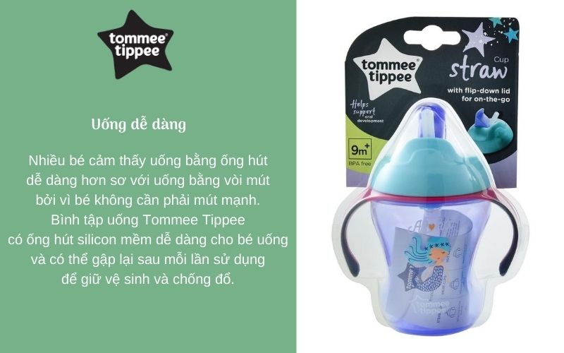 Bình tập uống có ống hút cho bé Tommee Tippee Training Straw 230ml từ 9 tháng - Tím