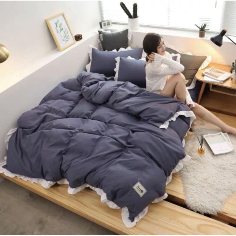 Sét 4 Món Chăn Ga Gối Cotton TC Viền Bèo Trắng Dài Pp3051