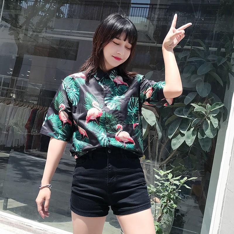 Áo sơ mi ngắn tay in họa tiết chim hồng hạc dễ thương dành cho nữ