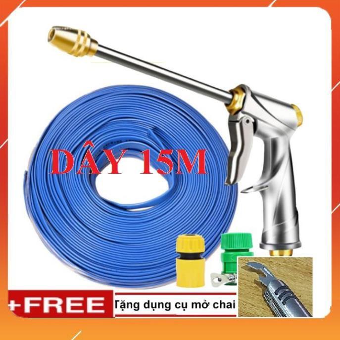 Bộ dây vòi xịt nước rửa xe, tưới cây . tăng áp 3 lần, loại 15m 206701-2 đầu đồngcút+ tặng mở chai