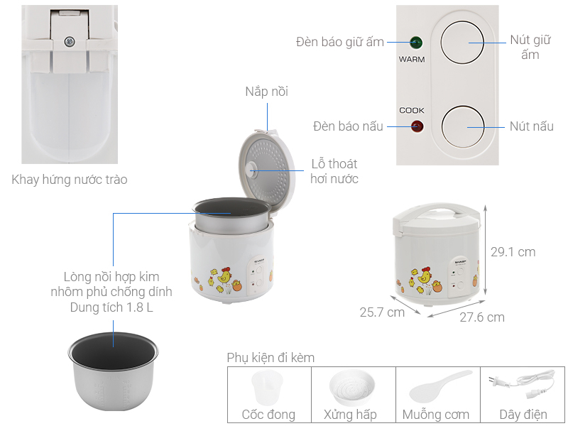 Nồi cơm nắp gài Sharp 1.8 lít KS-183TJV - Công nghệ nấu 3D, Công suất 700W - Hàng chính hãng - Bảo hành 12 tháng