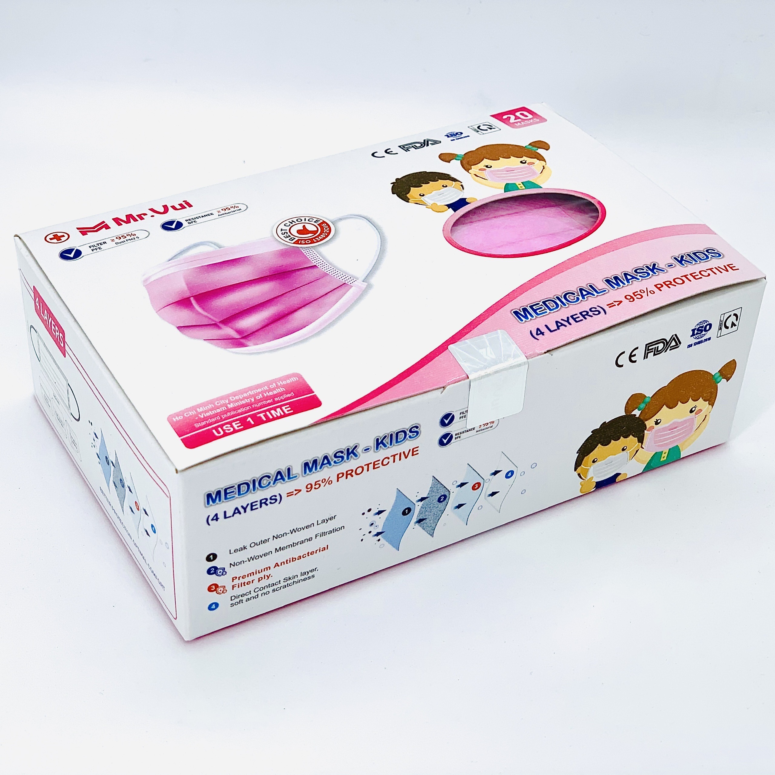 KHẨU TRANG Y TẾ 4 LỚP CHO TRẺ EM Mr.VUI - VẢI KHÔNG DỆT KHÁNG KHUẨN – HỘP 20 CÁI – MÀU HỒNG