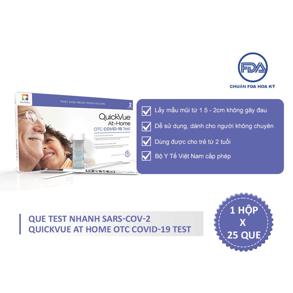 QuickVue Covid-19 Test nhanh tại nhà - Hộp 25 kit (lấy mẫu mũi chỉ 1.5 - 2cm không gây đau) - Hàng Mỹ chính hãng