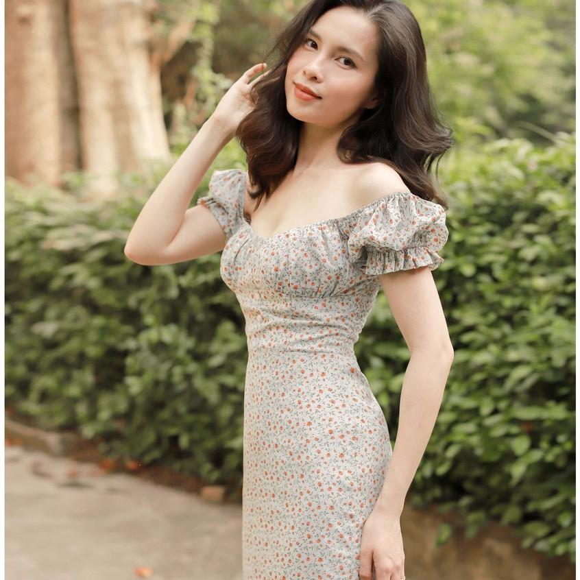 Đầm Trễ Vai Tay Phồng Dáng Dài Hoa Nhí Chất Voan Cát Cao Cấp Màu Xanh Mint CO EM ThiếT Kế