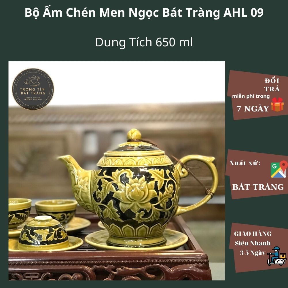 Bộ Ấm Chén Giả Cổ Thời Lý Bát Tràng Họa Tiết Hoa Phù Dung Dáng Long Đán Dung Tích 650ml AHL 09