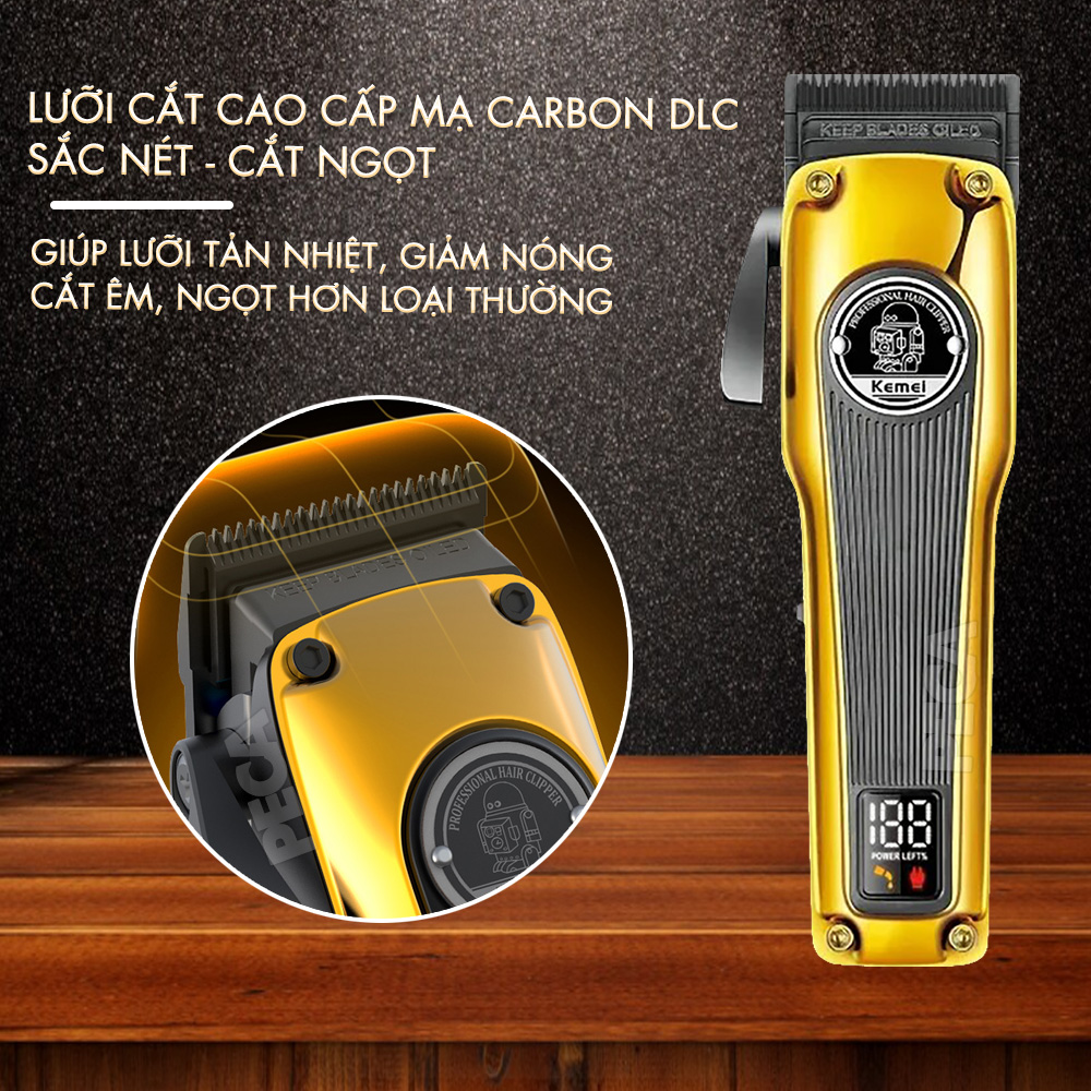 Tông đơ cắt tóc chuyên nghiệp Kemei KM-1825 lưỡi mạ carbon DLC, động cơ không chổi than công suất mạnh 8W hoạt động mạnh mẽ không nóng, không ồn - Hàng chính hãng