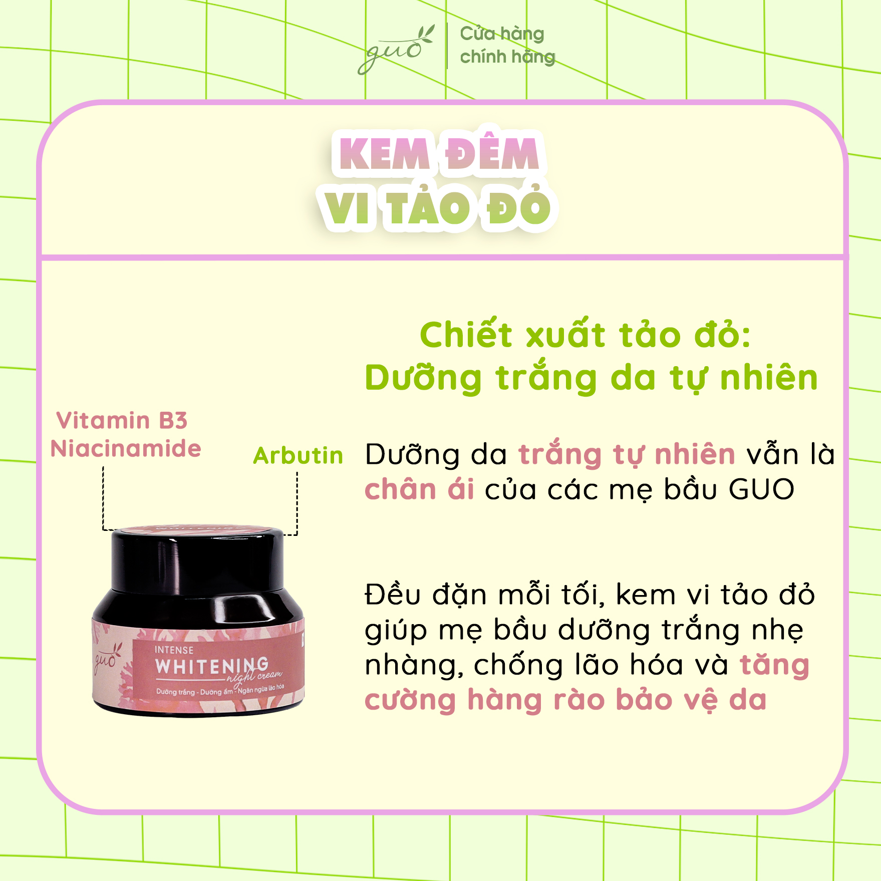 Kem Đêm Vi Tảo Đỏ Dưỡng Ẩm Trắng Da GUO - Intense Whitening Night Cream 30gr