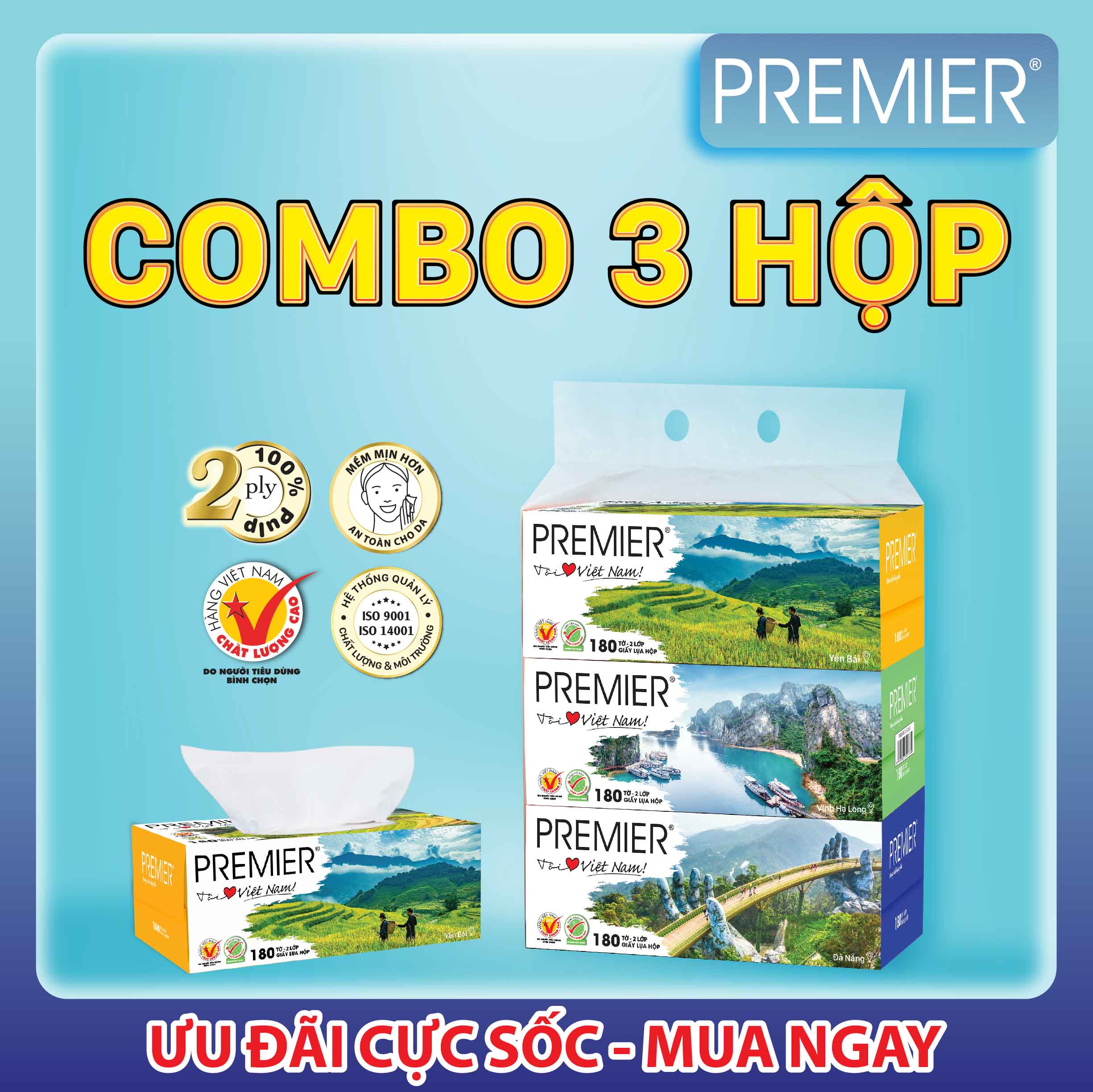 Khăn giấy hộp Premier 180 tờ - combo 3 hộp (giao mẫu ngẫu nhiên)