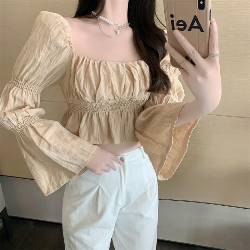 Áo croptop đũi nhăn dáng cổ vuông tay loe 2021