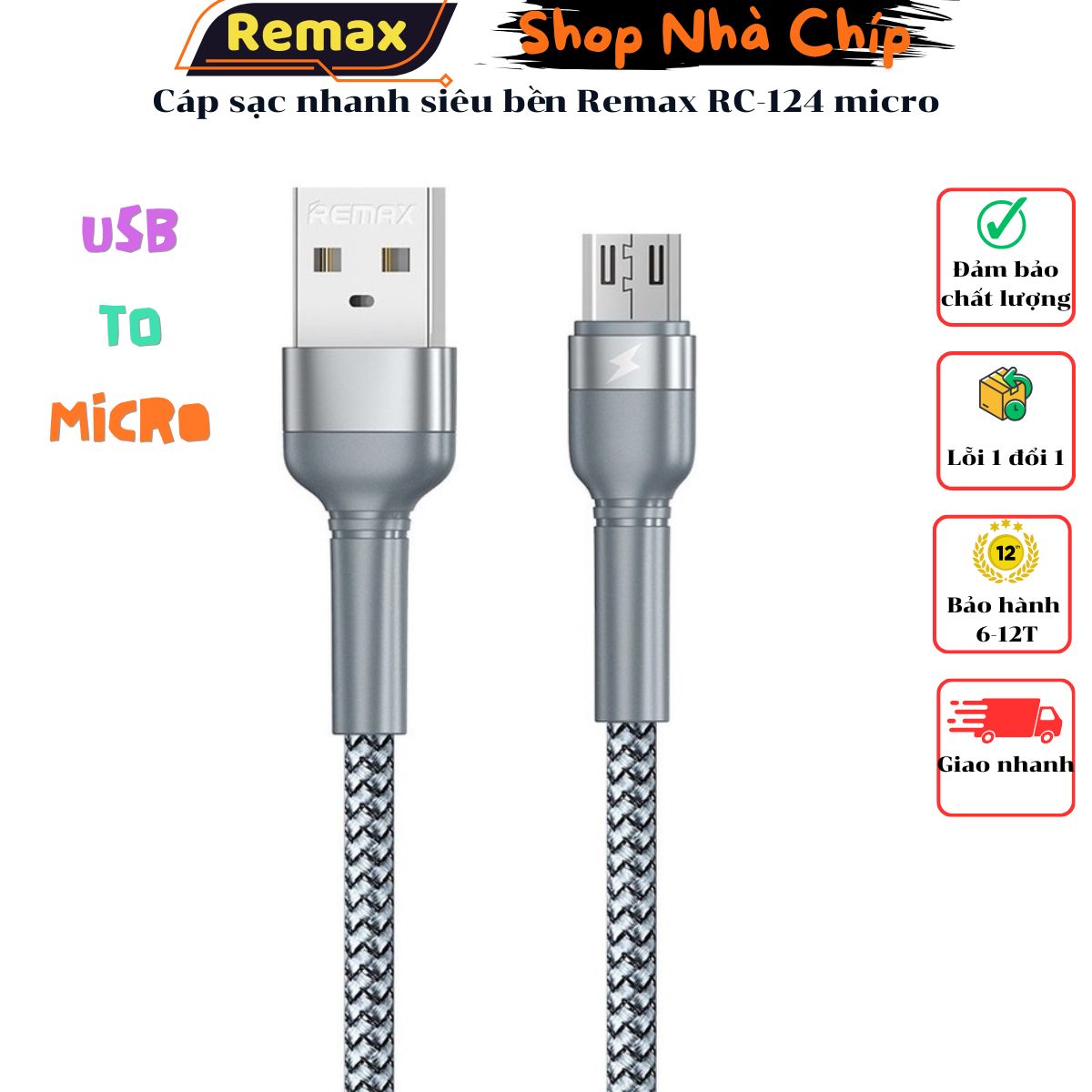 Cáp Sạc Nhanh Siêu Bền Remax Rc - 124 - Hàng Chính Hãng - Micro