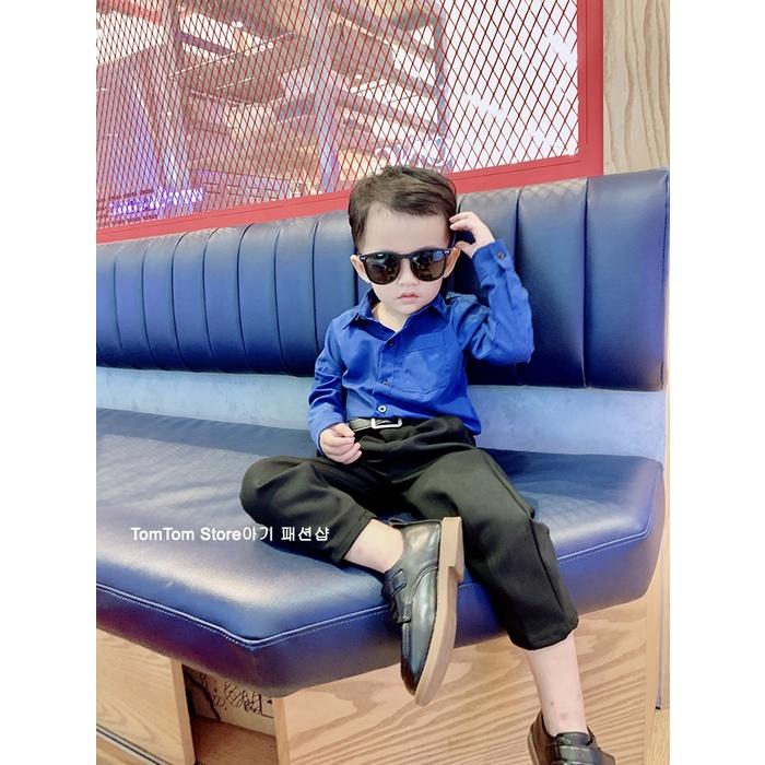 Áo sơ mi xanh đen dài tay cho bé trai bé gái phong cách Hàn Quốc