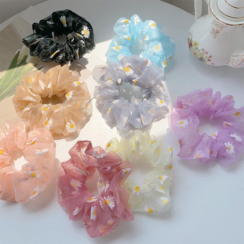 Dây buộc tóc vải voan HACHIKI scrunchies phối lưới hoạ tiết hoa cúc hoạ mi SCRUNHOA