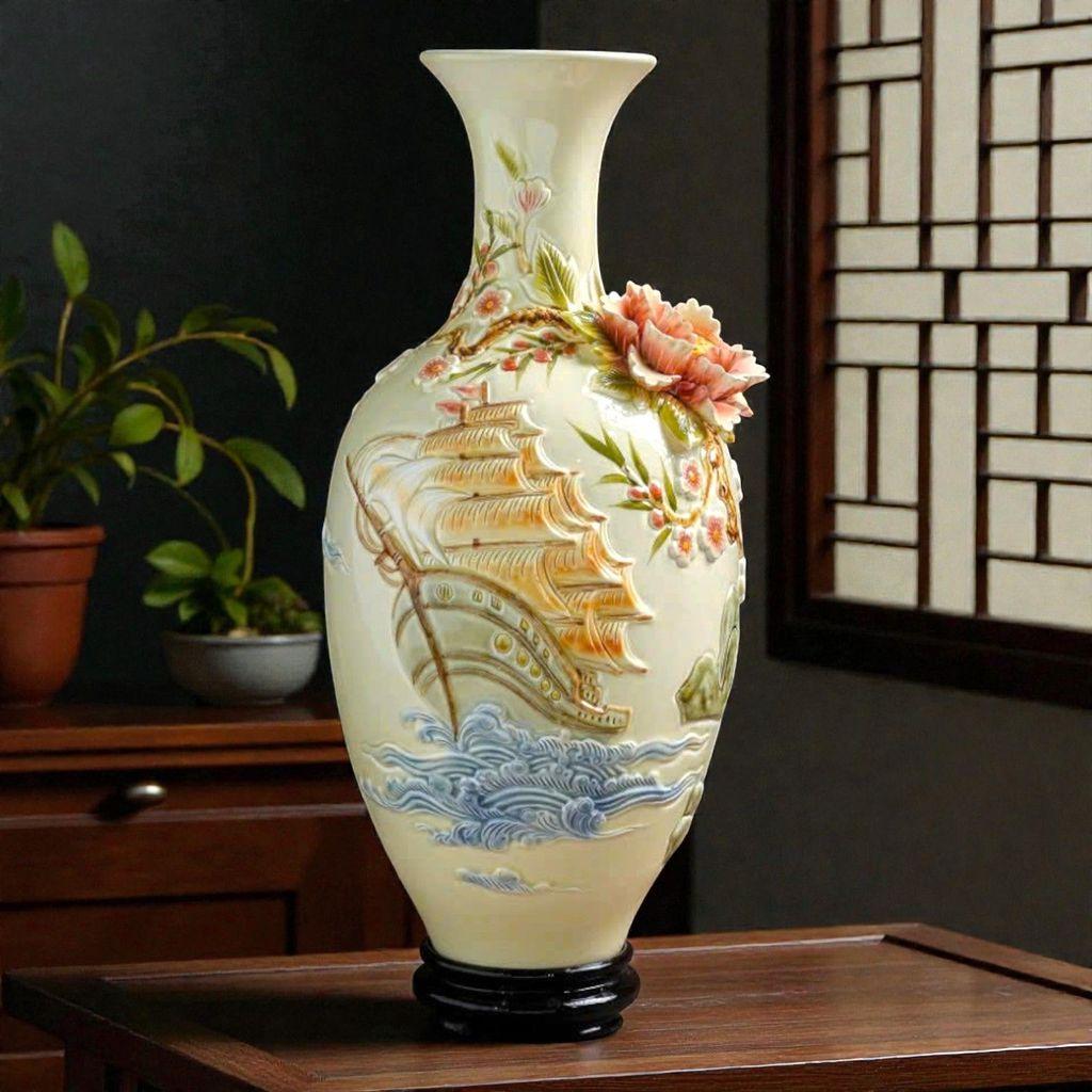 Bảo bình hút lộc thuận buồm xuôi gió RỒNG VIỆT cao cấp 30, 42cm - gốm Bát Tràng đắp nổi cao cấp