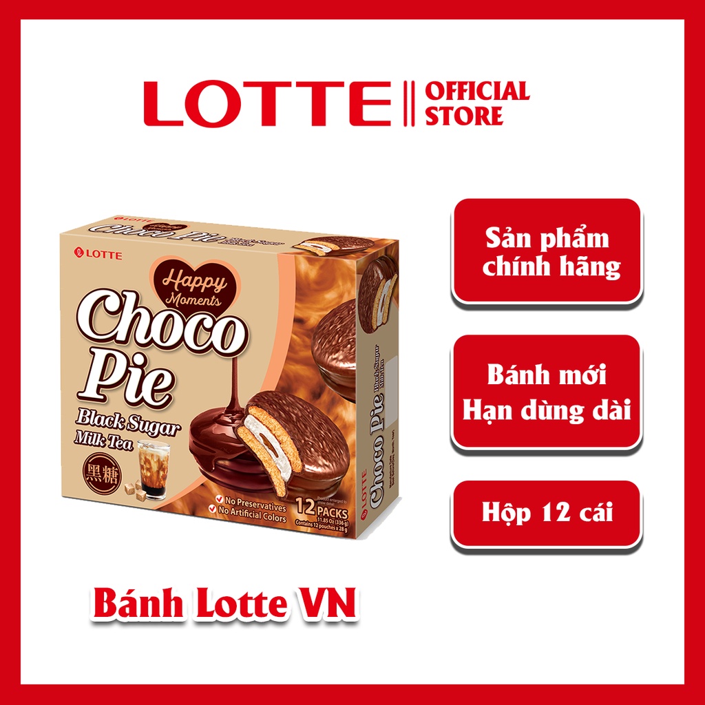 Bánh Lotte Choco Pie Trà Sữa Đường Đen - 12 cái