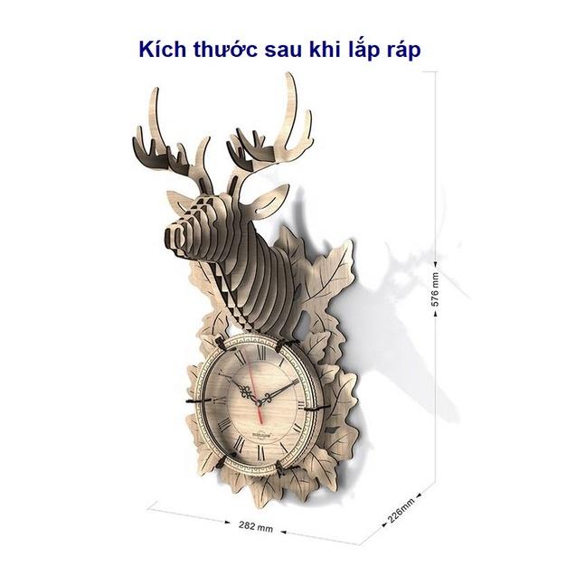 Mô hình lắp ráp 3D đồng hồ đầu hươu bằng gỗ chạy pin treo tường trang trí Đồng hồ treo tường