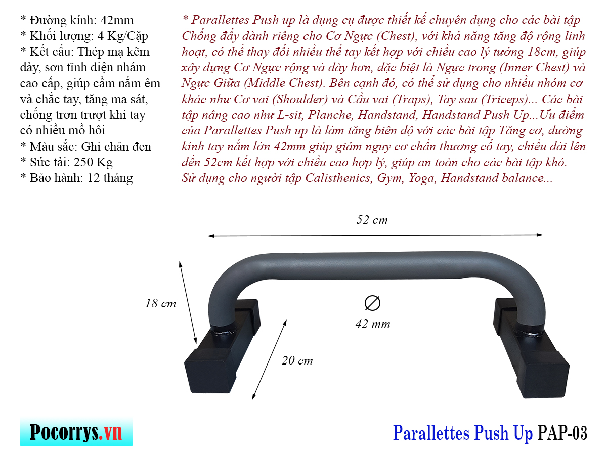 Combo 3 bộ Xà kép, Dụng cụ chống đẩy, Parallettes Pocorrys 03, Màu ghi chân đen