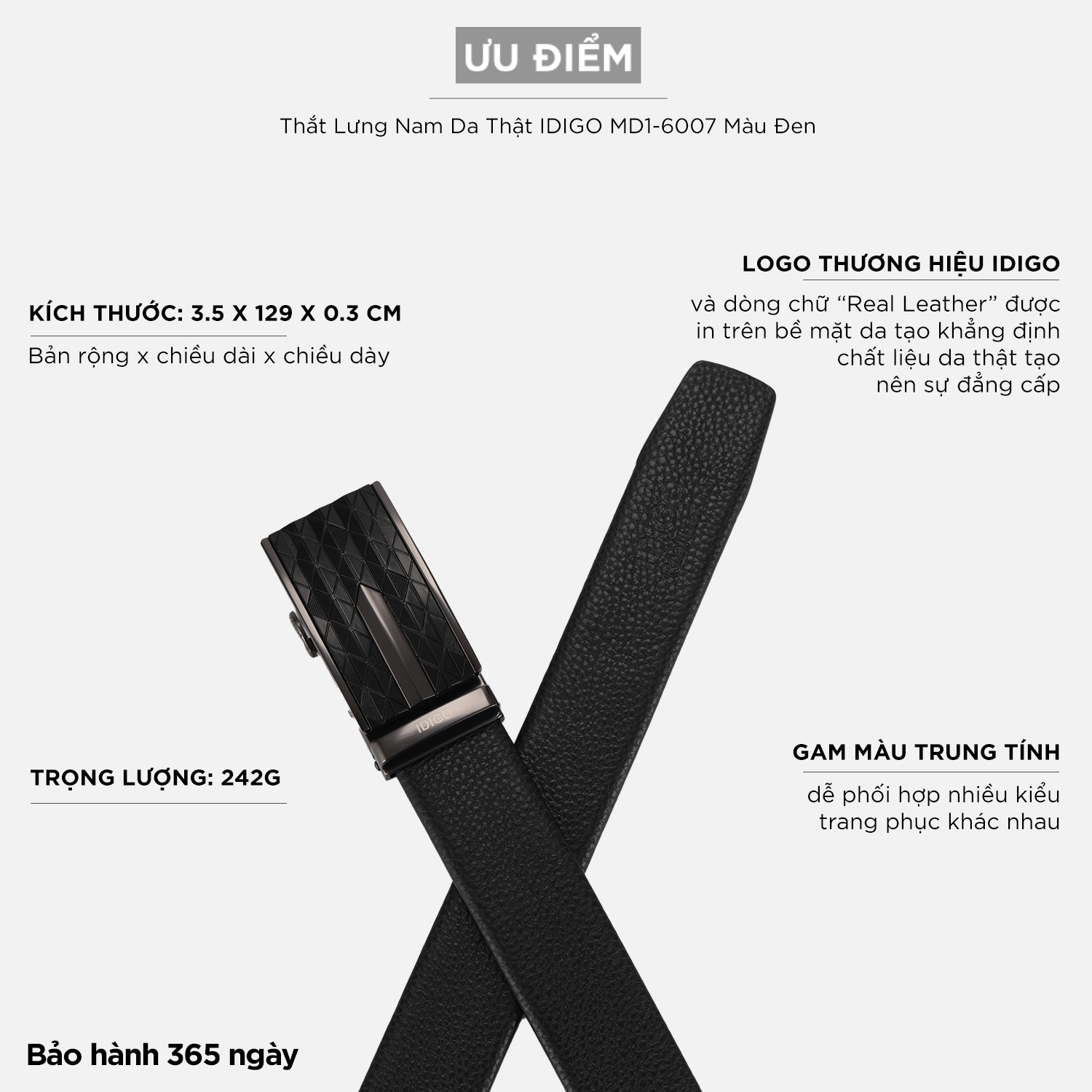 Thắt Lưng Nam Da Thật IDIGO MD1 - 6007 Màu Đen