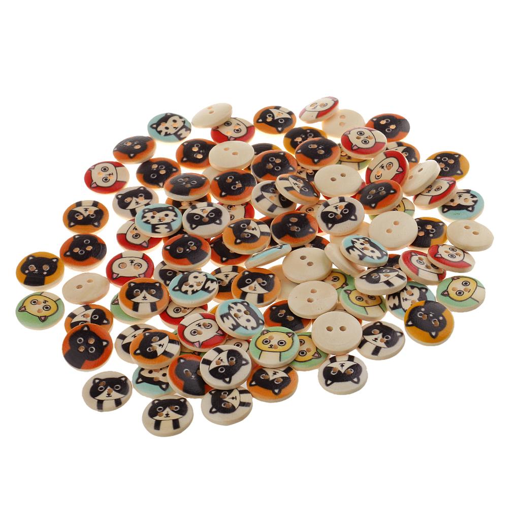 100Pieces Cat Pattern Wooden Round 2 Holes Buttons for Sewing Crafts 15mm