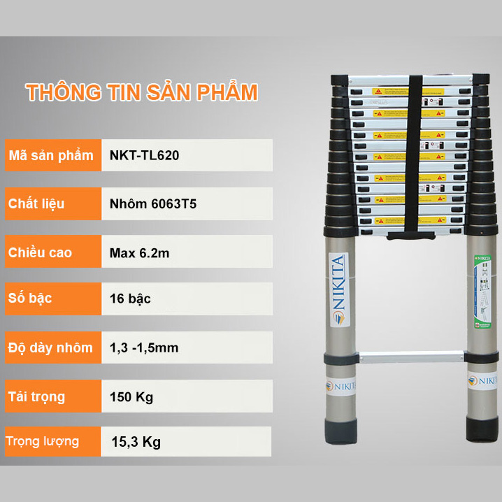 Thang nhôm rút gọn đơn - 16 bậc - 6,2 Mét