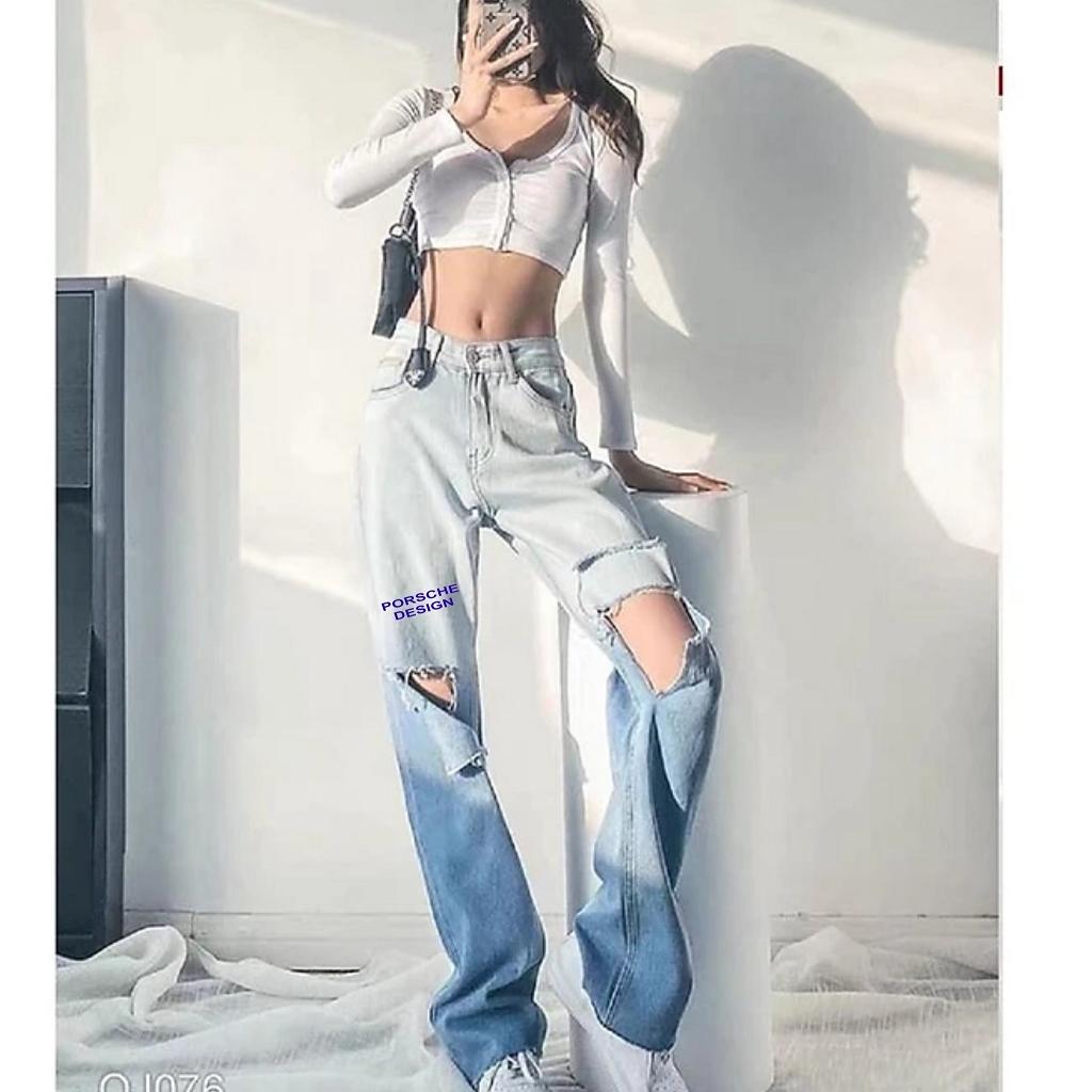 Quần jean baggy nữ loang màu in chữ cạp cao phong cách ulzzang - Quần bò baggy lưng cao loang màu rách gối in chữ