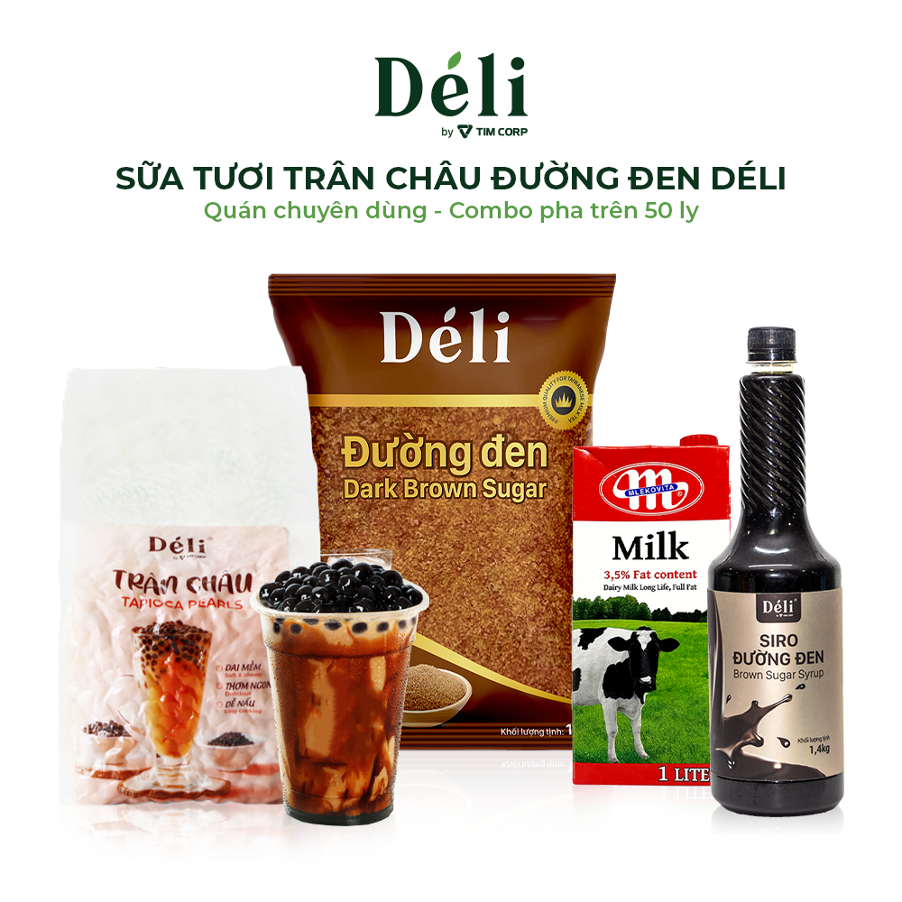 Siro đường đen Déli 1lit+ Đường đen hạt Déli 1kg+ Sữa tươi Mlekovita 1lit+ Trân châu caramel Déli 1kg [COMBO nguyên liệu pha chế sữa tươi trân châu đường đen] HSD:12 tháng