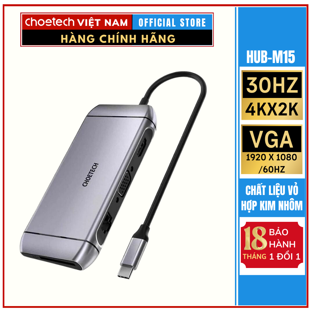Hub Chuyển Đổi Type C 9 in 1 Type C To HDMI 4K/ PD 100W/ USB 3.0/ Rj45 Ethernet/ VGA/ TF/ SD CHOETECH HUB-M15