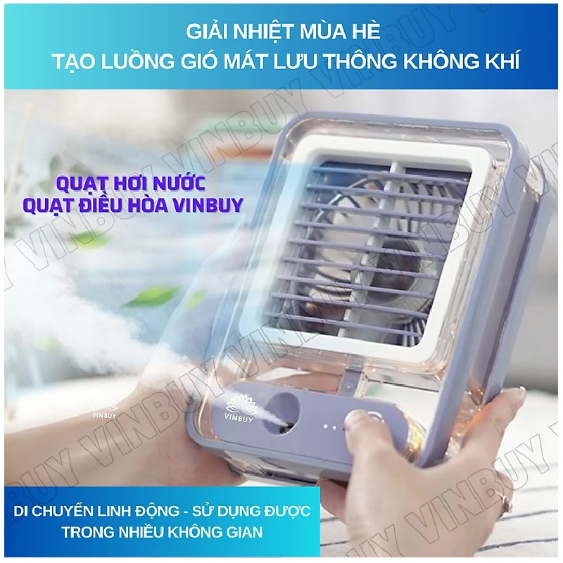 Quạt điều hòa hơi nước mini làm mát không khí để bàn nhỏ gọn, phun sương mạnh nhiều chế độ có bình đựng nước, nốt chạm cảm ứng, pin sạc tích điện, có đèn