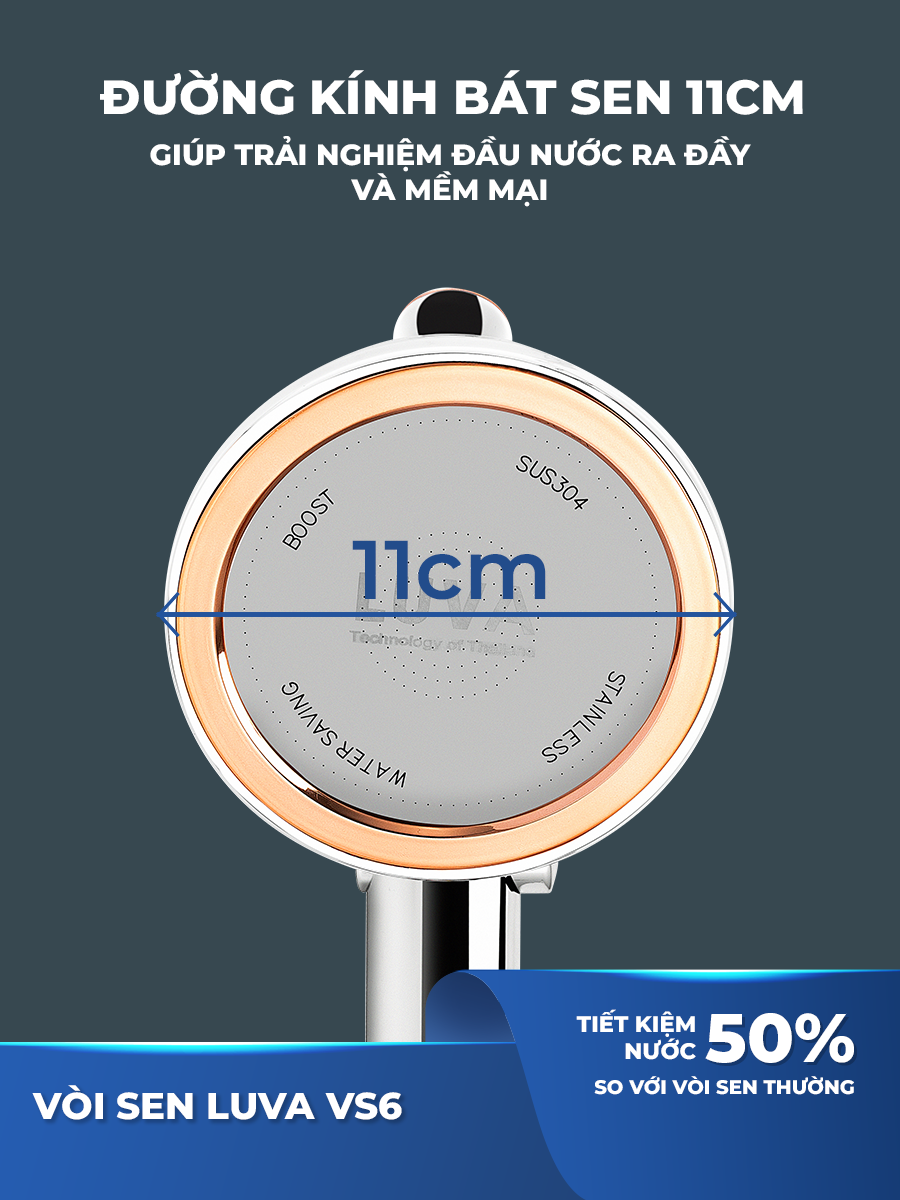 Vòi sen tắm LUVA VS6, bật tắt trên thân sen, bát sen rộng 11cm