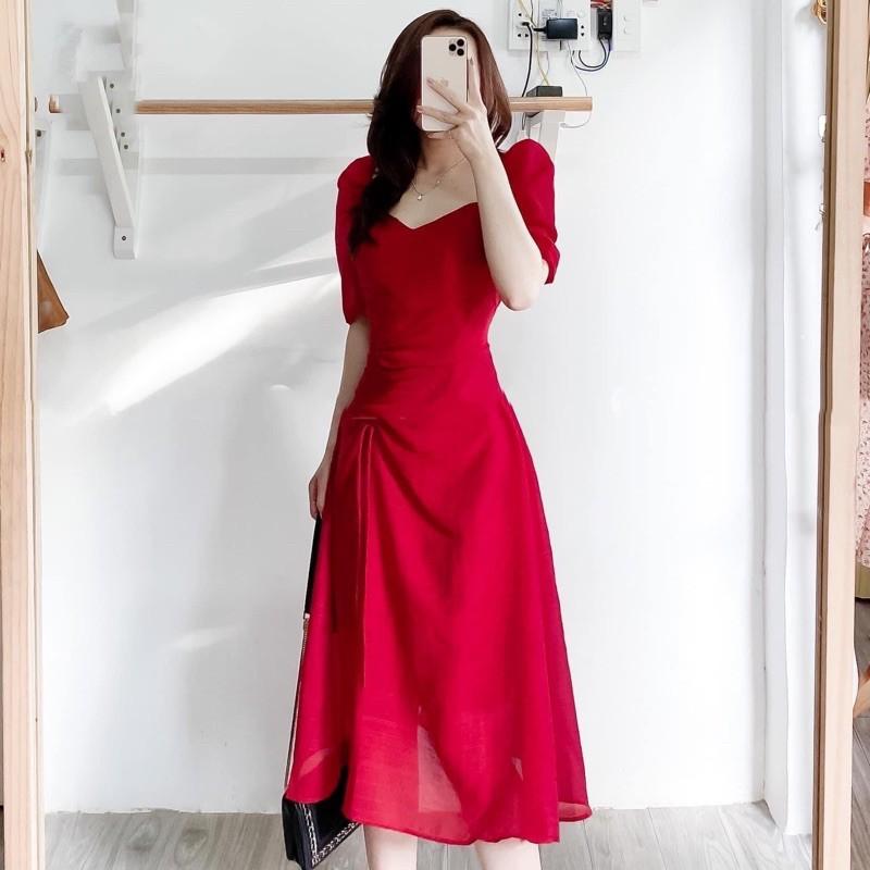 Đầm váy trắng cổ V tùng rút dây (kèm hình thật)