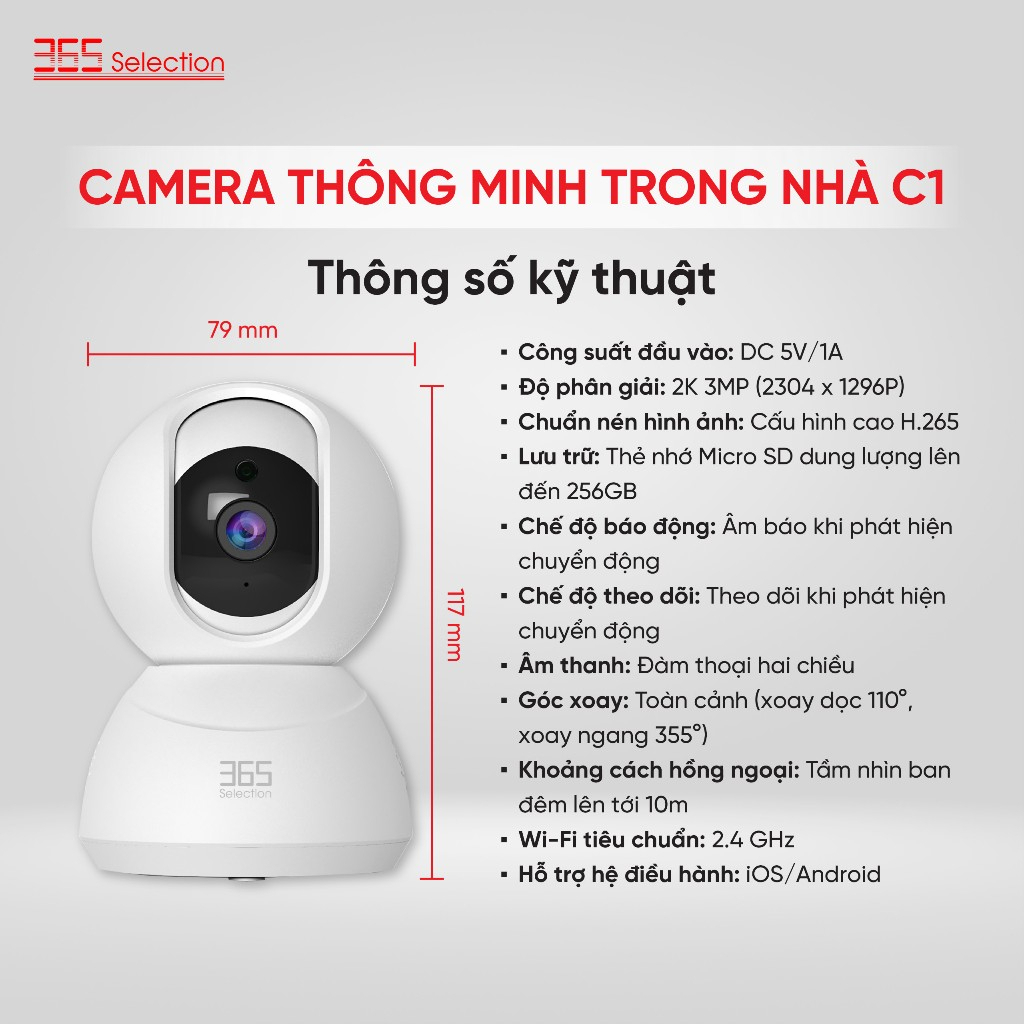 Camera trong nhà Tuya 365 Selection C1 - Quay quét 360, Đàm thoại 2 chiều, Phát hiện chuyển động - Hàng chính hãng