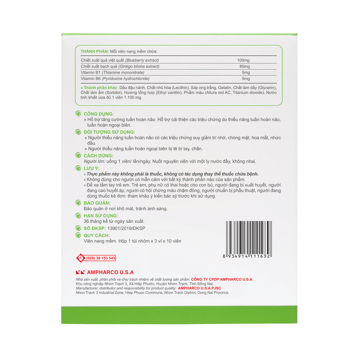 Viên uống Amfagold Ginkgo - Hỗ trợ tăng cường tuần hoàn não, cải thiện các triệu chứng do thiểu năng tuần hoàn não - Hộp 30 viên