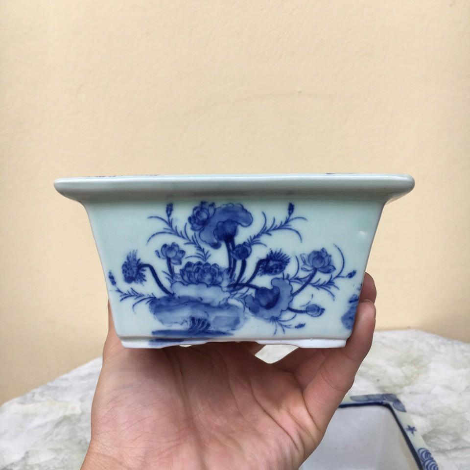 Chậu bonsai Vuông mini men vẽ giả tàu gốm Bát tràng 2 size BM-91