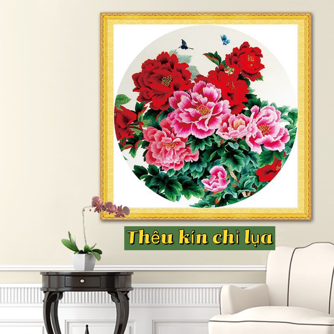 Tranh thêu kín Hoa mẫu đơn DX1112, kích thước 50 x 50 cm