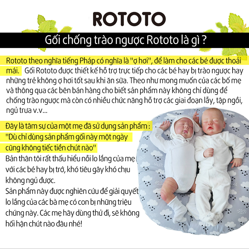 Gối chống trào ngược Rototo bebe nhập khẩu chất liệu cotton mềm mại khắc phục tình trạng trào ngược sơ sinh
