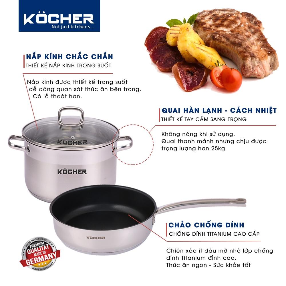 Combo bộ nồi chảo bếp từ cao cấp KOCHER chảo chống dính sâu lòng size 24cm &amp;amp; nồi cao cấp bếp từ size 20cm - Hàng chính hãng