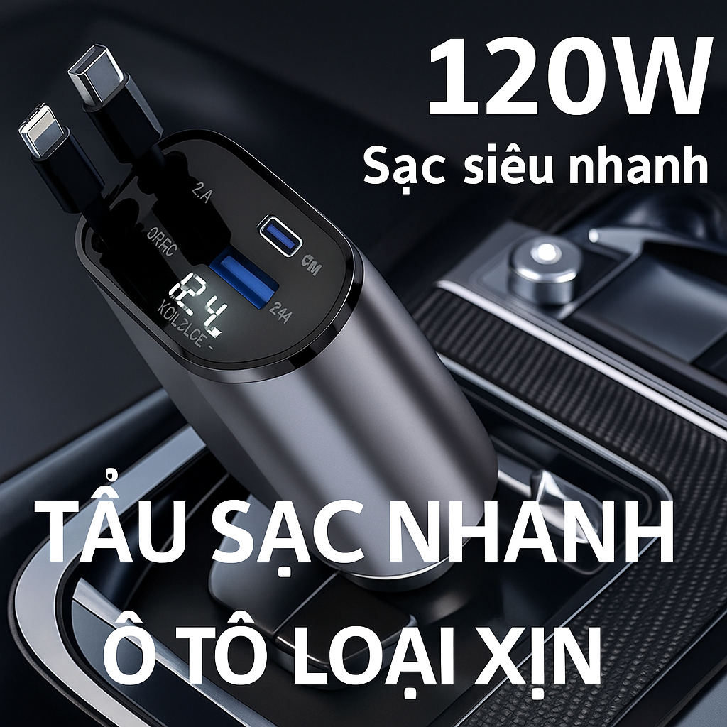 Tẩu Sạjc Nhanh Ô Tô 120W 4-in-1 – Sạc Siêu Nhanh, Có Đồng Hồ Báo Vôn Thông Minh, đèn trang trí