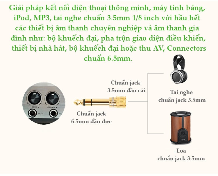Đầu jack chuyển đổi âm thanh từ cổng 3.5mm cái sang cổng 6.5mm đực chính hãng UGREEN 20503 - Hàng chính hãng