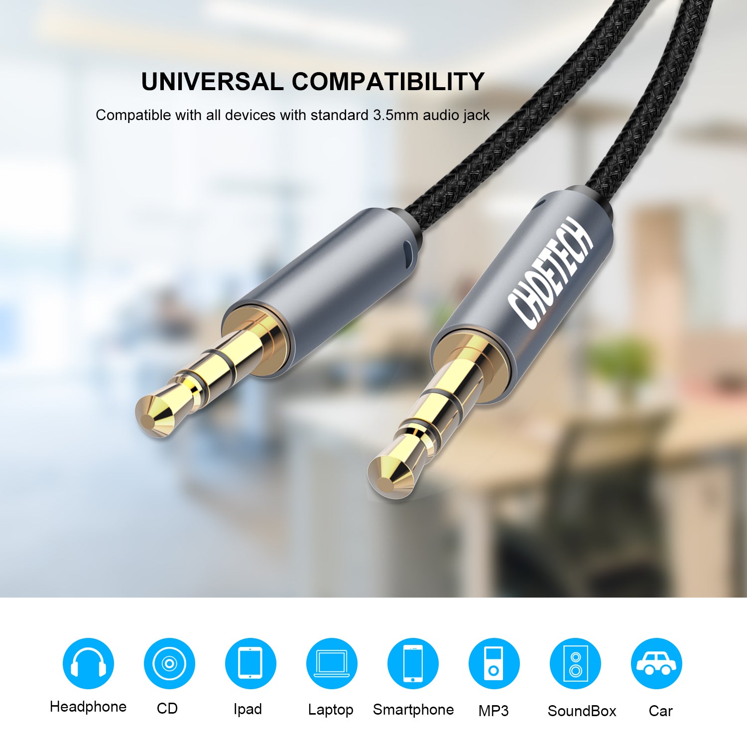 Cáp âm thanh chất lượng cao AUX Audio 3.5mm Choetech AUX002 (Aux Cable 3.5mm Jack Male to Male)- Hàng chính hãng