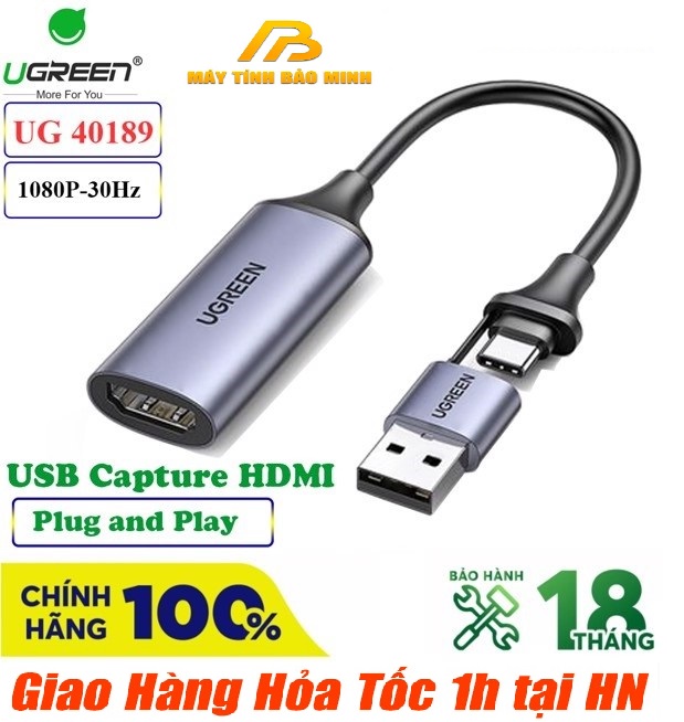 Thiết bị ghi hình Ugreen 40189 HDMI to USB + Type C live streaming - Hàng Chính Hãng
