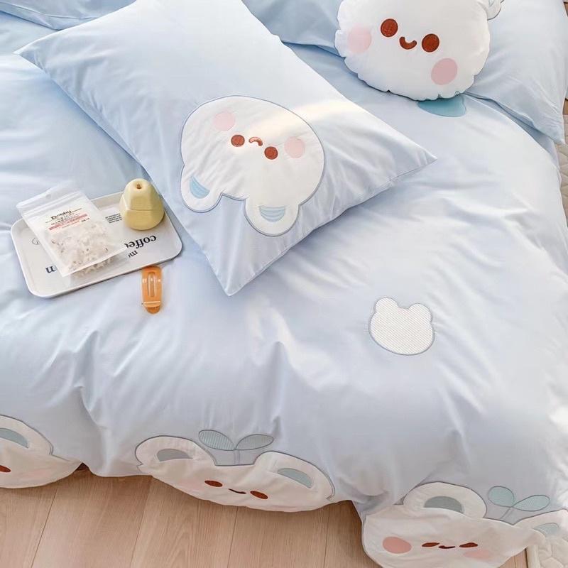 Bộ Chăn Ga Gối Cotton Linen Disney Hàng Nhập Khẩu Cao Cấp 5Món Mẫu Thỏ Xanh