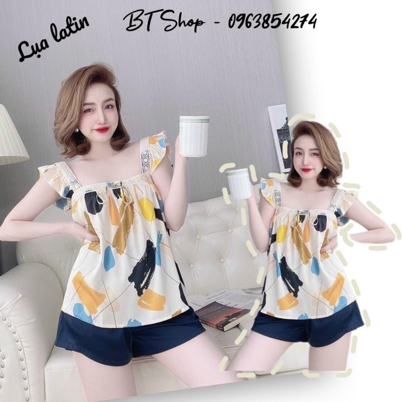 Đồ ngủ mặc nhà lụa latin cổ vuông phối ren quần đùi hoạ tiết freesize 42-57kg