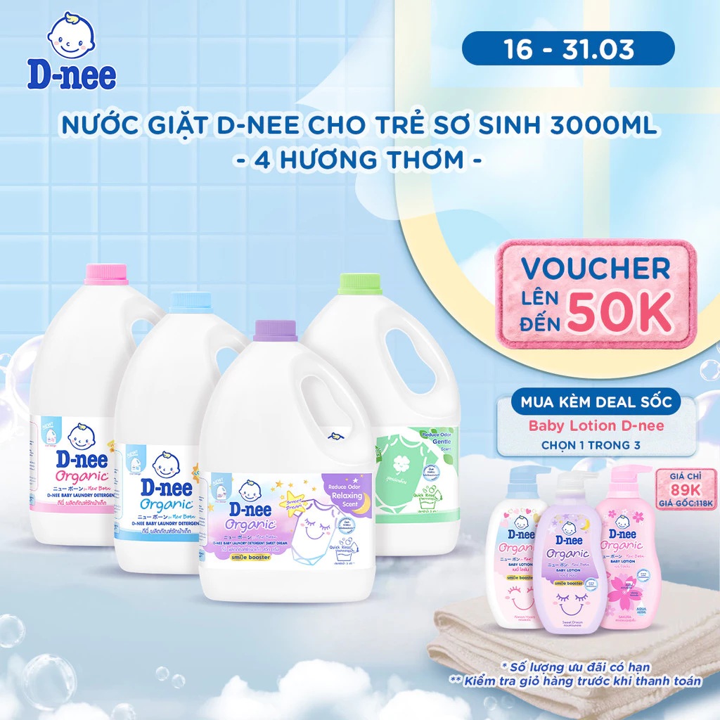 Nước giặt D-nee cho trẻ sơ sinh, mềm dịu, thơm nhẹ, không hư hại quần áo - Can 3000ml - 4 Hương thơm